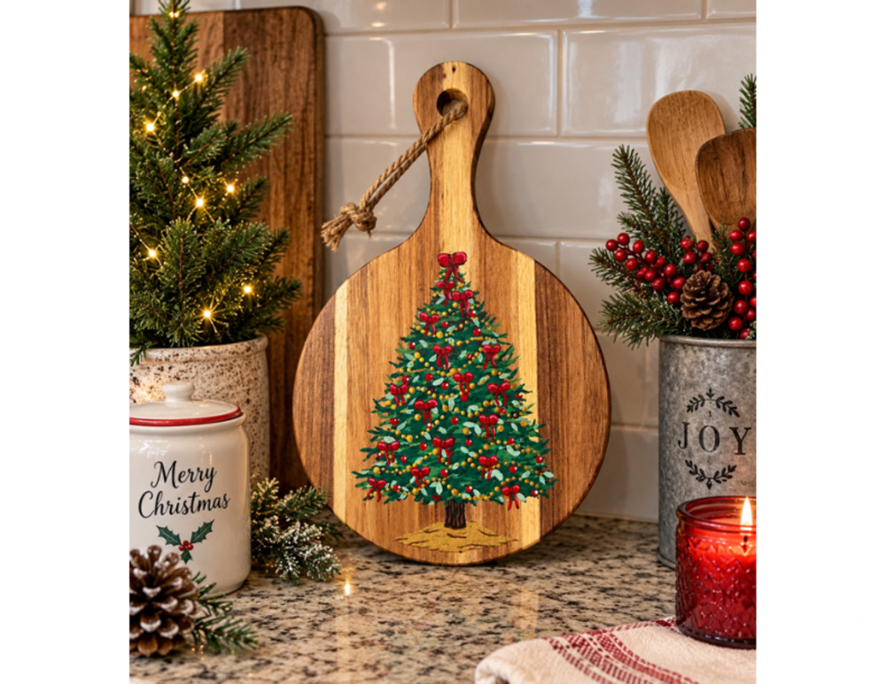 Hand Painted Christmas Tree Wooden Round Cutting Board Serving Tray
